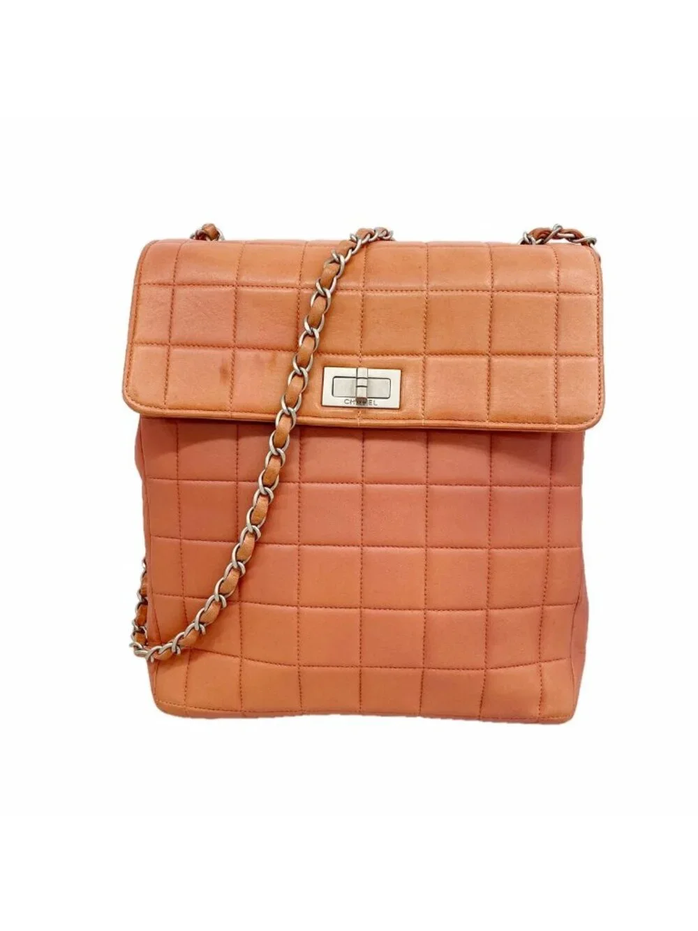 Chanel Shoulder Bag Choco Bar Lambskin Coral Pink Silver